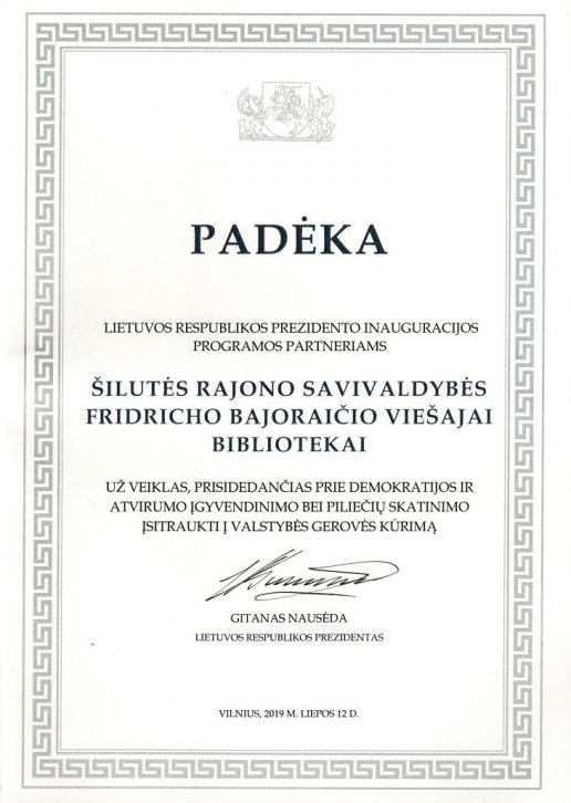 Prezidento Gitano Nausėdos padėka