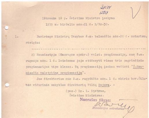 1939 m. leidimas atidaryti Ž. Naumiesčio progimnaziją nuo rugsėjo pirmosios. 